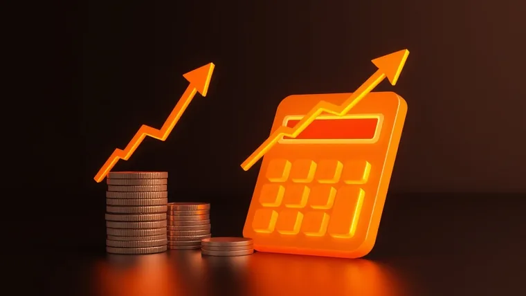 Calculadora laranja com moedas e seta de crescimento